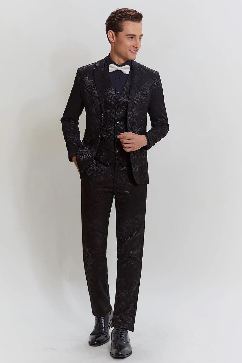 Men's Black 3-piece Jacquard Jacket Vest Pants Suit