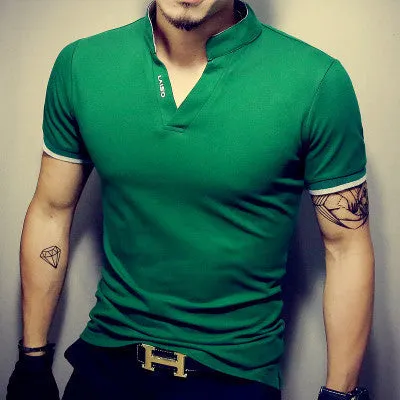 Men's V Neck T Shirt Fashion Solid Short Sleeve T Shirt Men LAISO Print Collar Slim Fit Mens Top Tees Shirt
