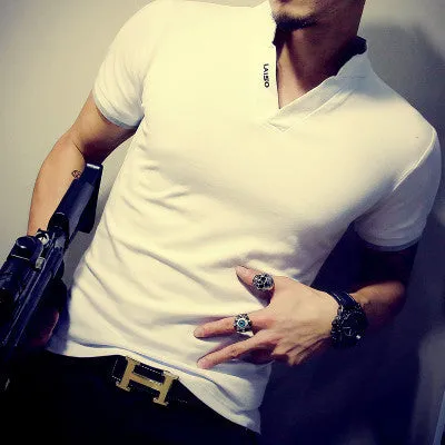 Men's V Neck T Shirt Fashion Solid Short Sleeve T Shirt Men LAISO Print Collar Slim Fit Mens Top Tees Shirt