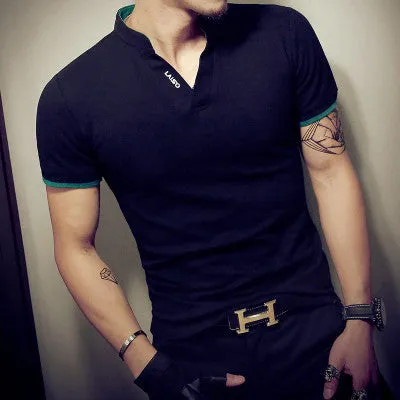 Men's V Neck T Shirt Fashion Solid Short Sleeve T Shirt Men LAISO Print Collar Slim Fit Mens Top Tees Shirt