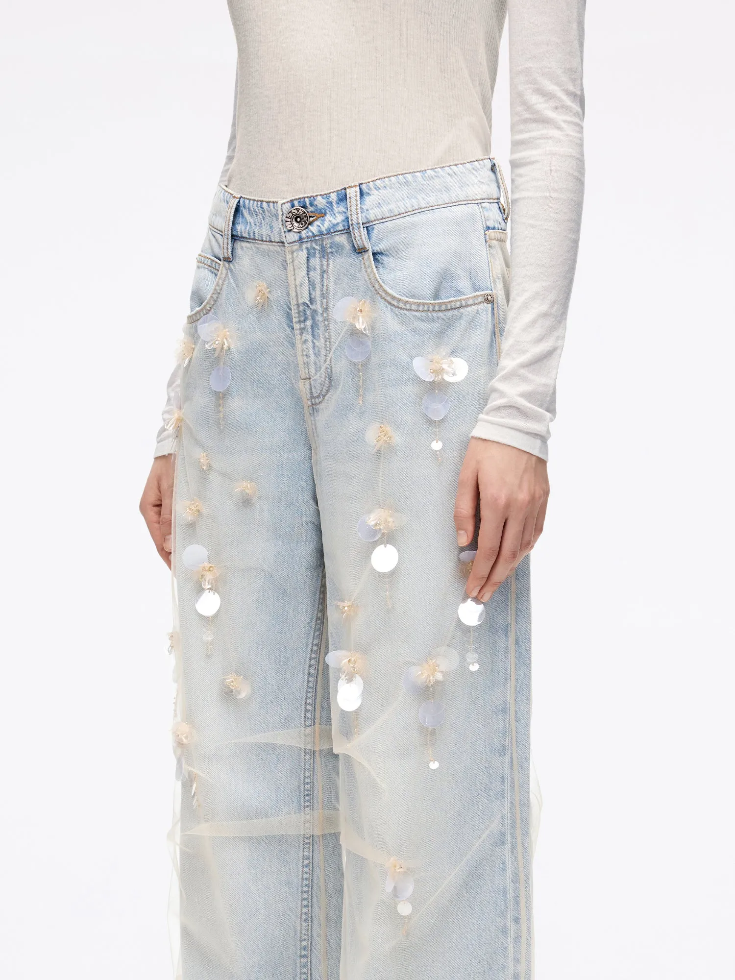 Mesh Panel Straight-Leg Jeans