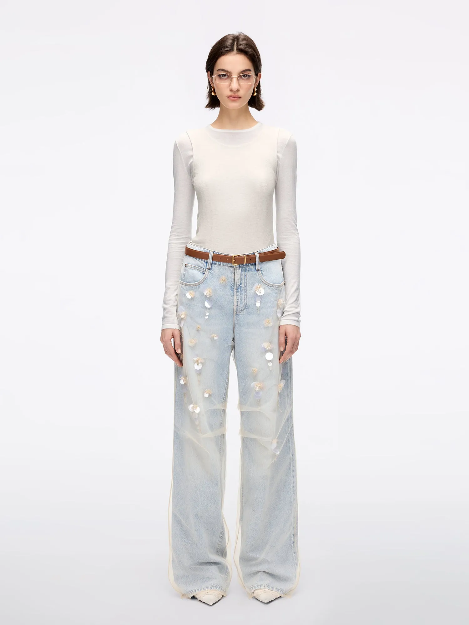 Mesh Panel Straight-Leg Jeans