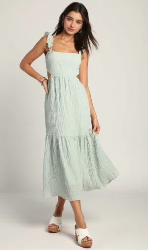 Mint Smocked Tie-Back Tiered Midi Dress