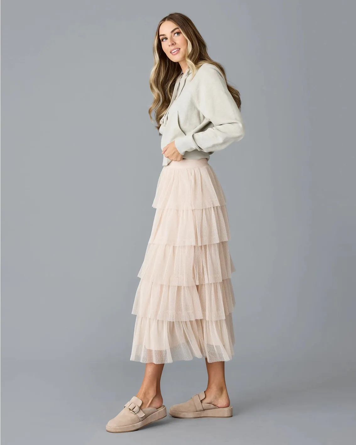 Misty Sheer Tiered Midi Skirt - Whisper Pink