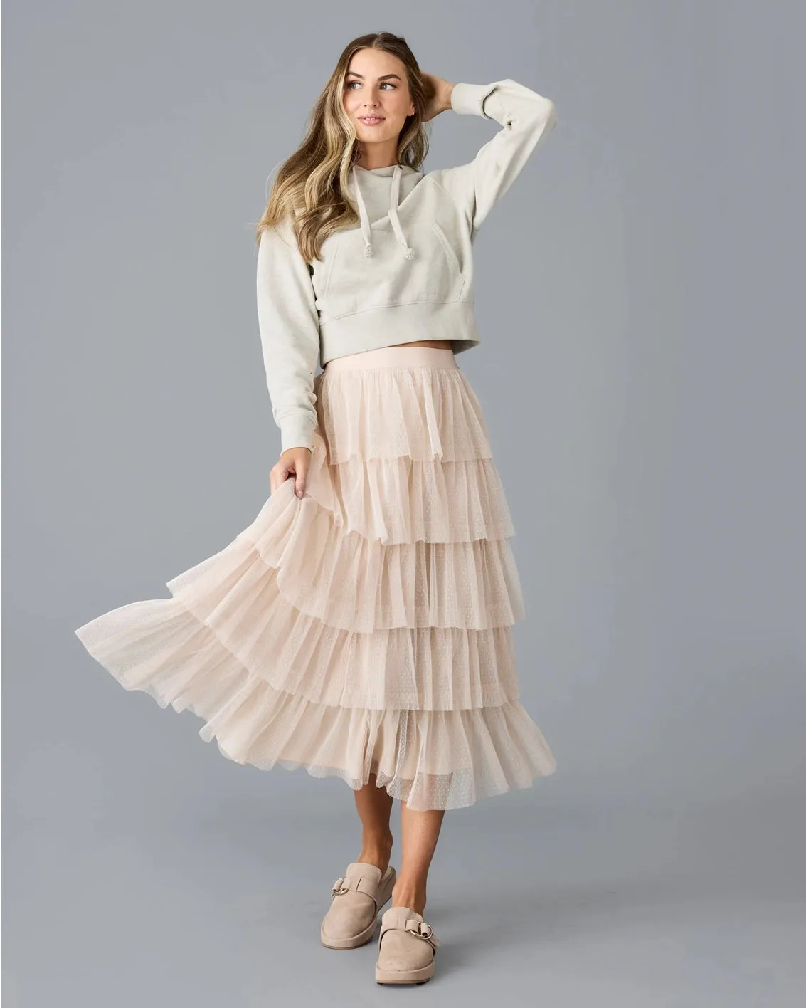 Misty Sheer Tiered Midi Skirt - Whisper Pink