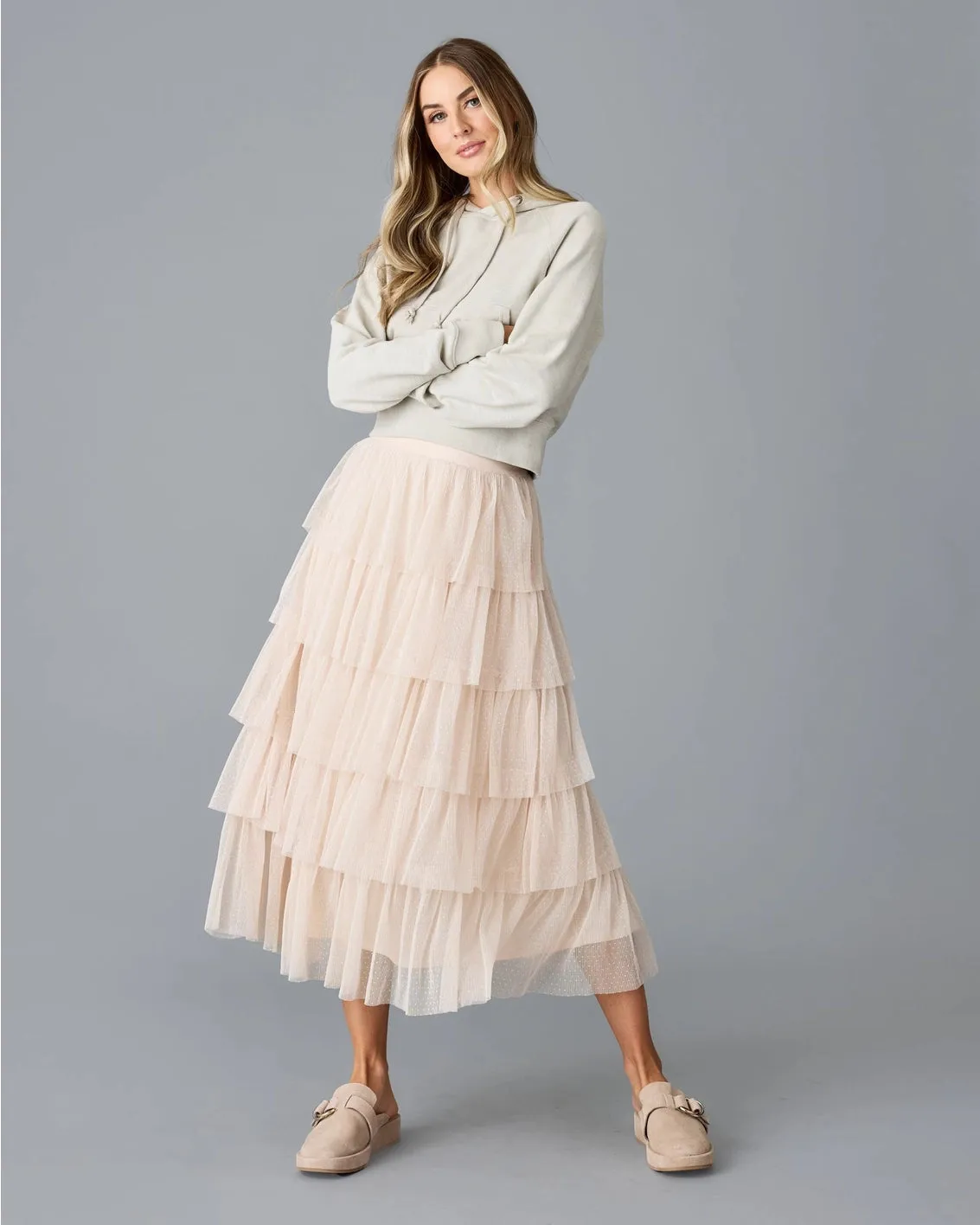 Misty Sheer Tiered Midi Skirt - Whisper Pink