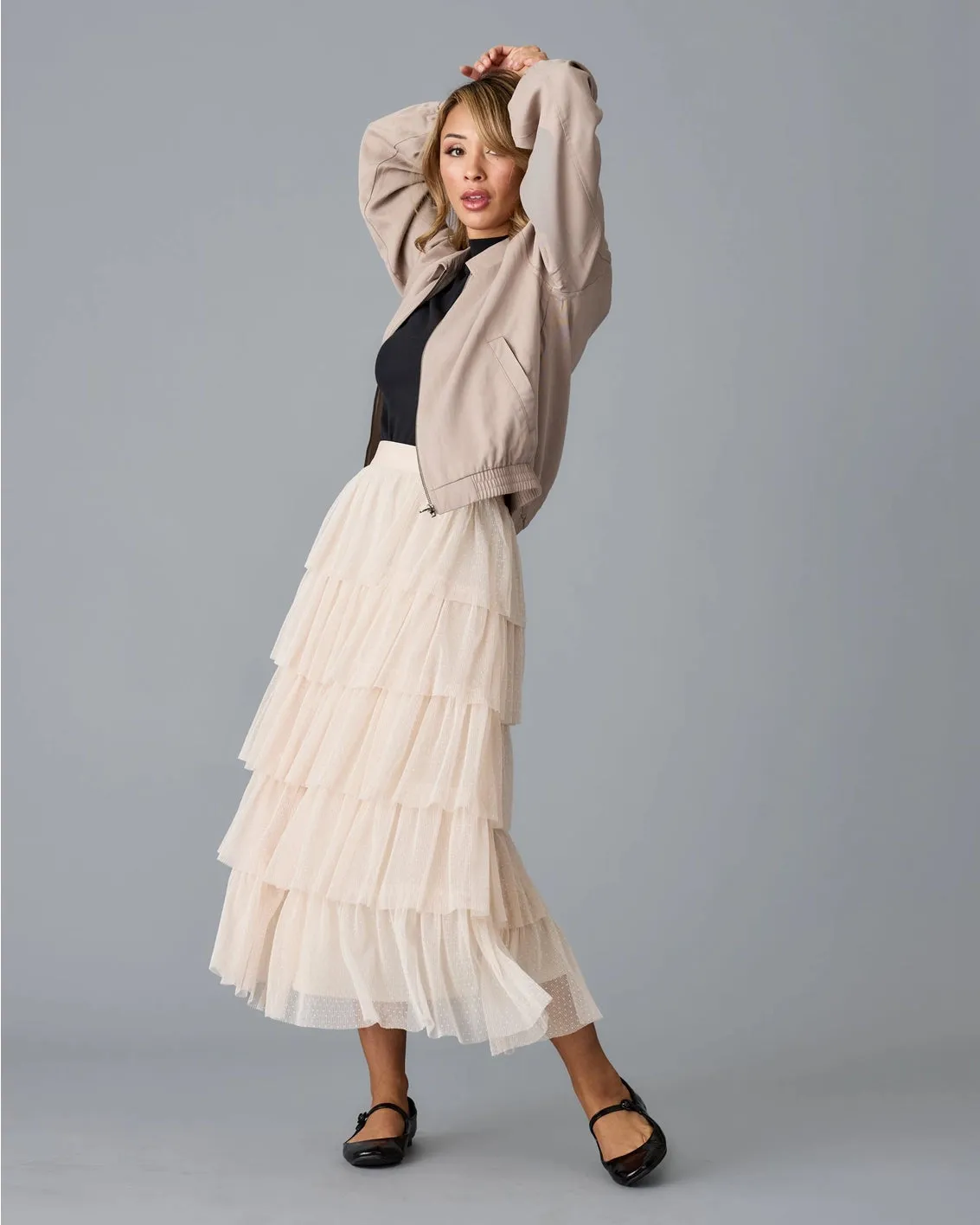 Misty Sheer Tiered Midi Skirt - Whisper Pink