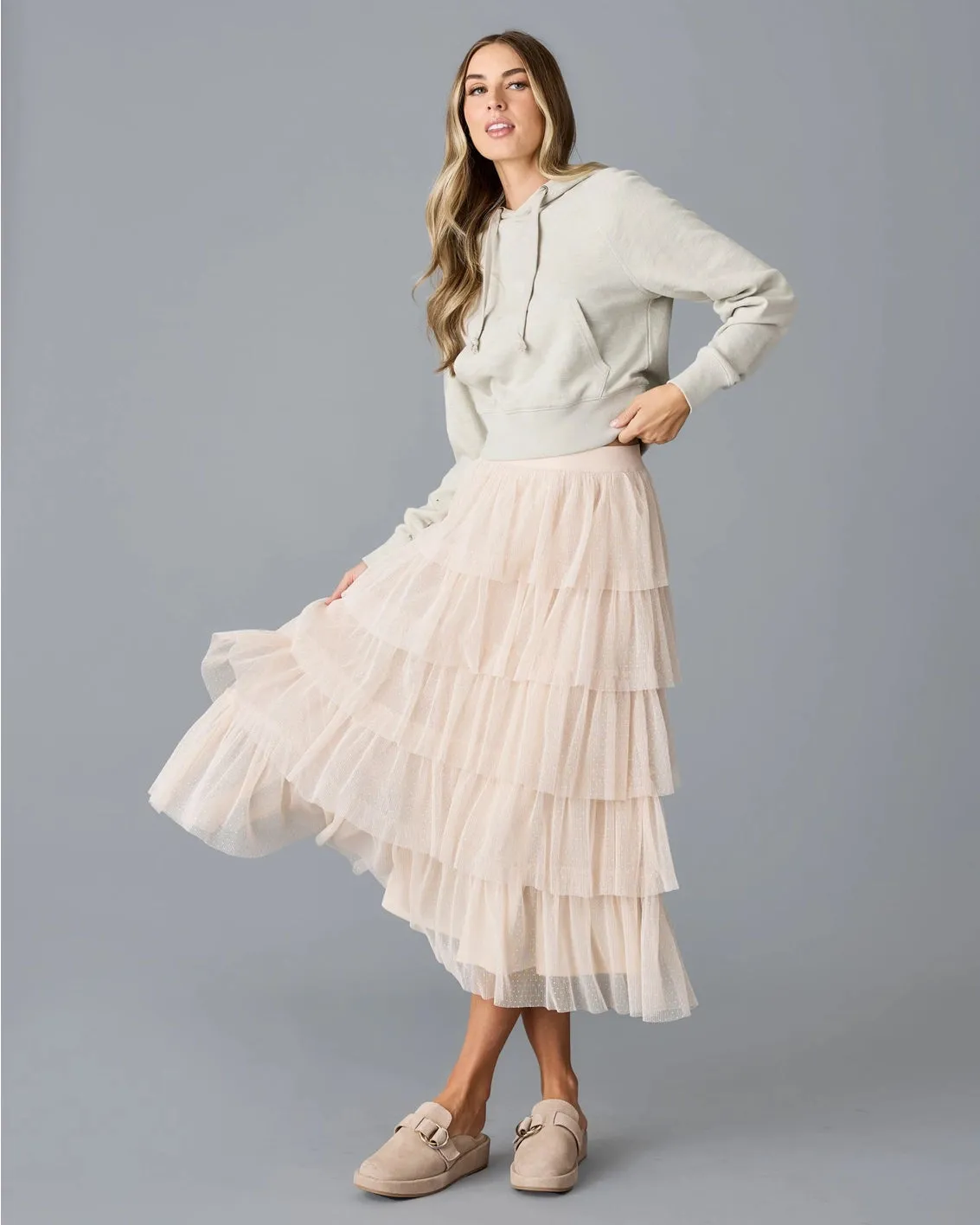 Misty Sheer Tiered Midi Skirt - Whisper Pink
