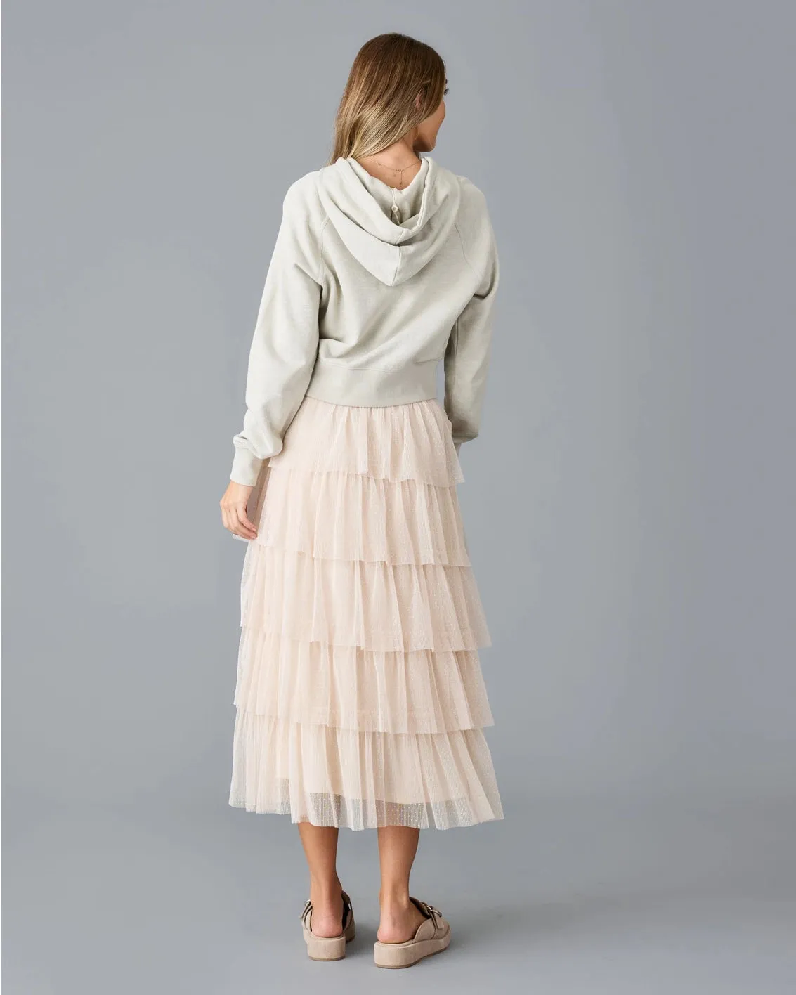 Misty Sheer Tiered Midi Skirt - Whisper Pink