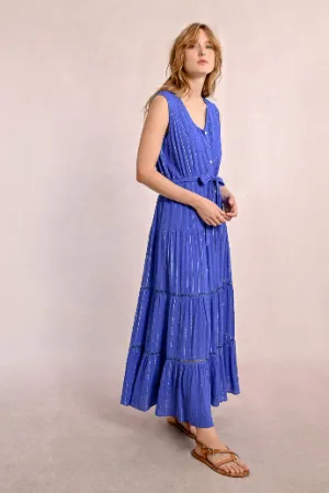 Molly Bracken Blue Metallic Pinstripe Tiered Midi Dress