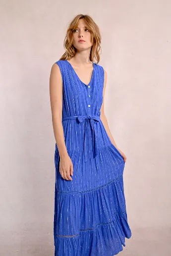 Molly Bracken Blue Metallic Pinstripe Tiered Midi Dress