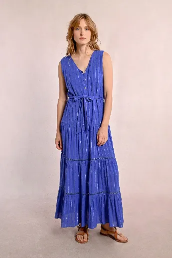 Molly Bracken Blue Metallic Pinstripe Tiered Midi Dress