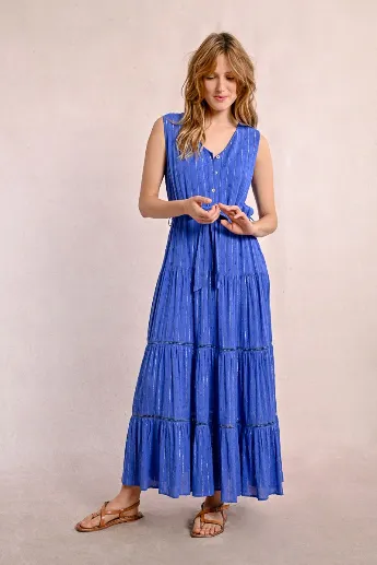 Molly Bracken Blue Metallic Pinstripe Tiered Midi Dress