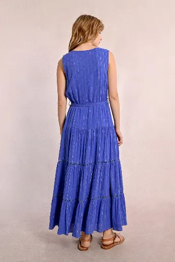 Molly Bracken Blue Metallic Pinstripe Tiered Midi Dress