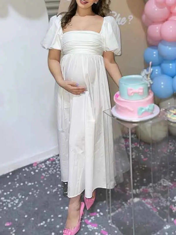 Momnfancy White Ruched Square Neck Pleated Puff Sleeve Gender Reveal Maternity Maxi Dress