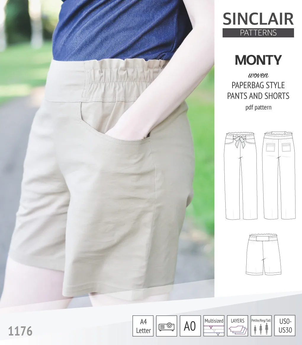 Monty paperbag style woven pants and shorts with ties (PDF)