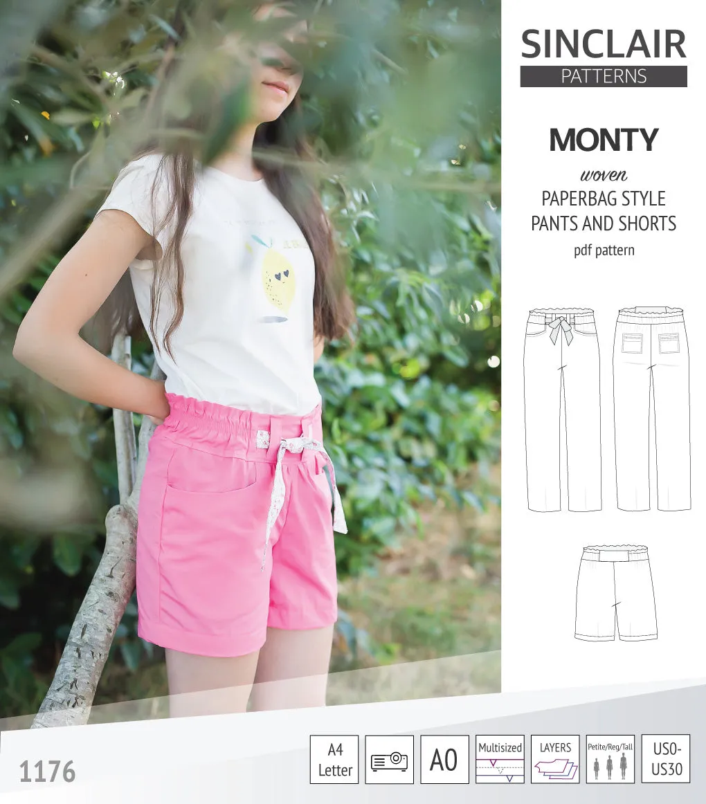 Monty paperbag style woven pants and shorts with ties (PDF)