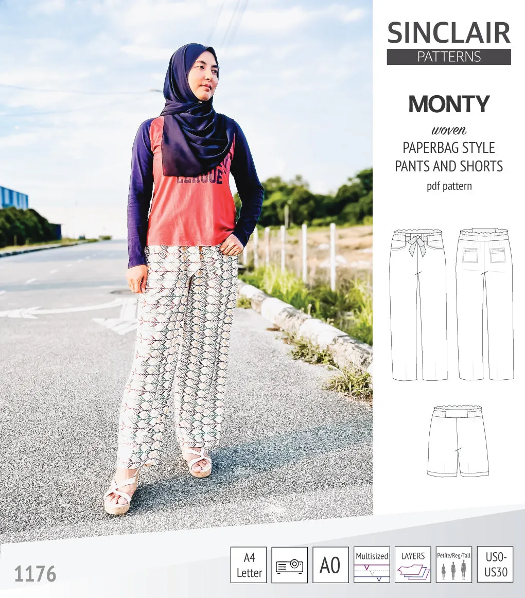 Monty paperbag style woven pants and shorts with ties (PDF)