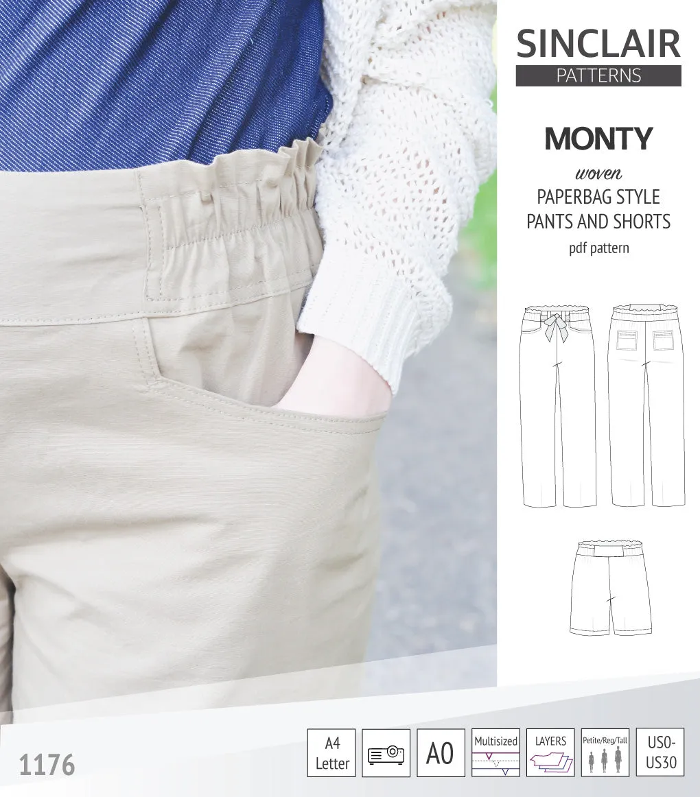 Monty paperbag style woven pants and shorts with ties (PDF)