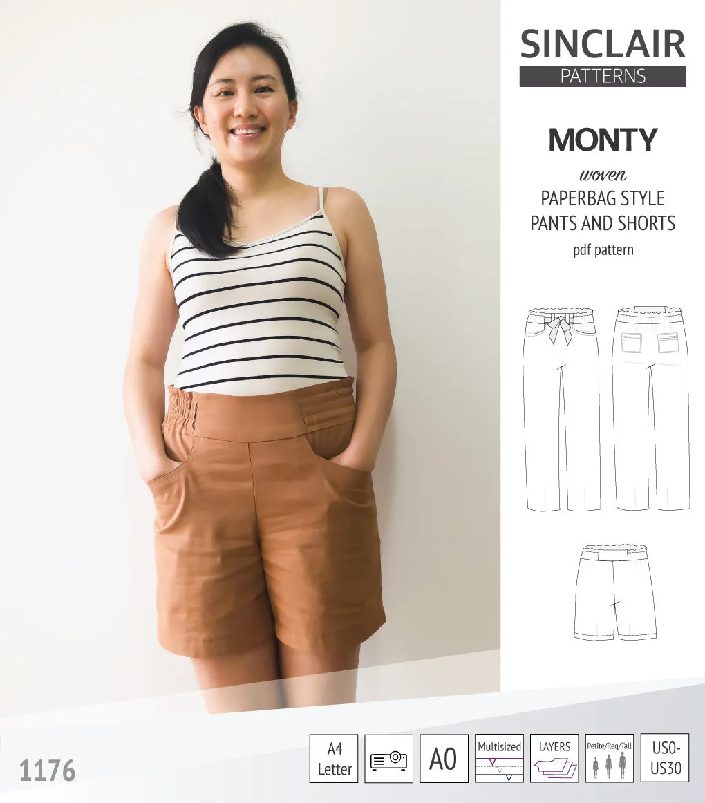 Monty paperbag style woven pants and shorts with ties (PDF)
