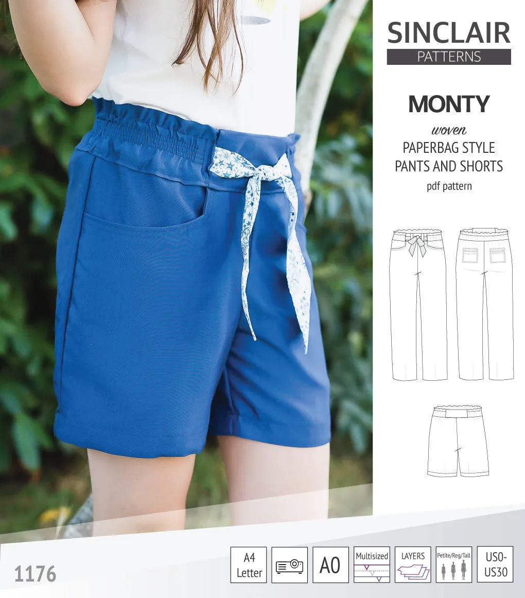 Monty paperbag style woven pants and shorts with ties (PDF)