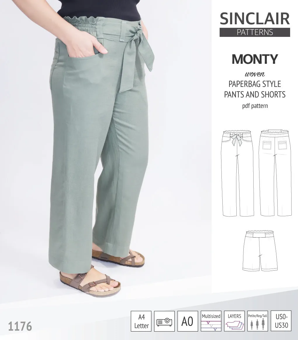 Monty paperbag style woven pants and shorts with ties (PDF)