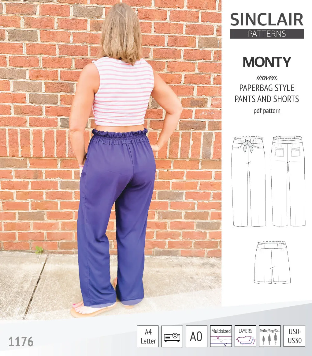Monty paperbag style woven pants and shorts with ties (PDF)