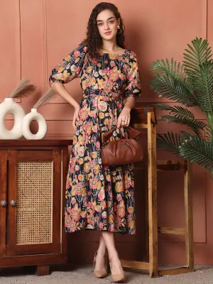 Multi Colour Floral Printed Cotton Ethnic Dress For Women
