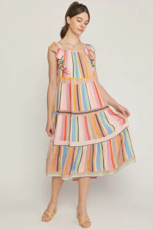 Multicolor striped high square neck ruffle shoulder tiered midi dress