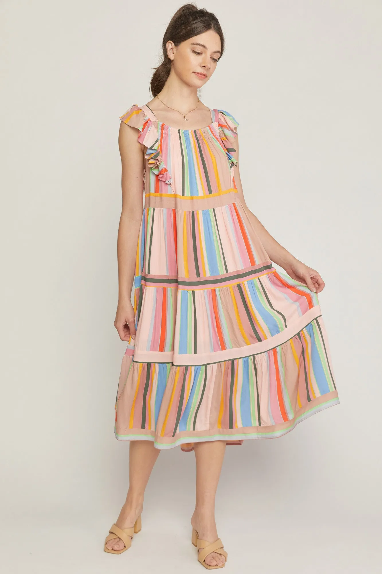 Multicolor striped high square neck ruffle shoulder tiered midi dress