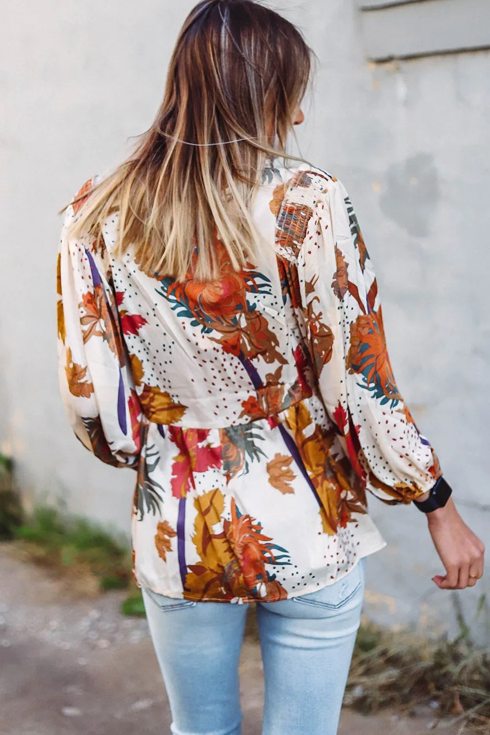 Multicolour Fall Floral Print V Neck Long Sleeve Babydoll Blouse