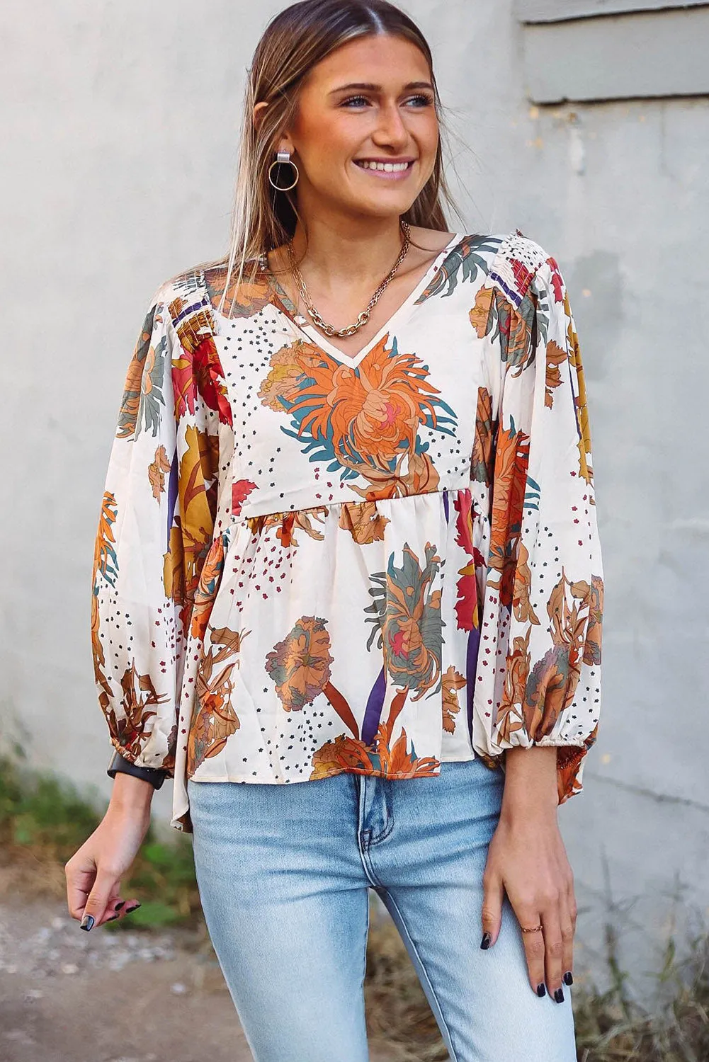 Multicolour Fall Floral Print V Neck Long Sleeve Babydoll Blouse
