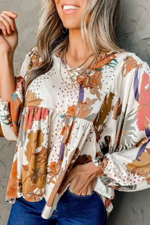 Multicolour Fall Floral Print V Neck Long Sleeve Babydoll Blouse