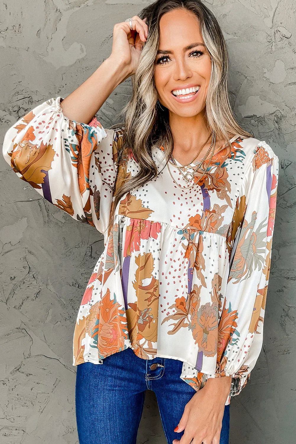 Multicolour Fall Floral Print V Neck Long Sleeve Babydoll Blouse