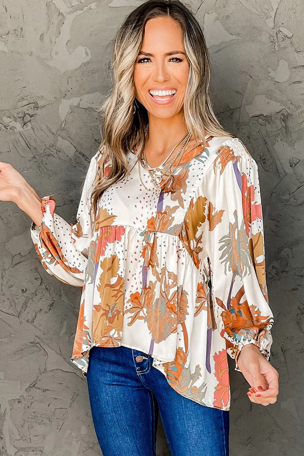 Multicolour Fall Floral Print V Neck Long Sleeve Babydoll Blouse