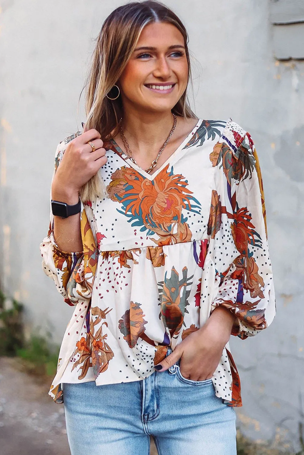 Multicolour Fall Floral Print V Neck Long Sleeve Babydoll Blouse