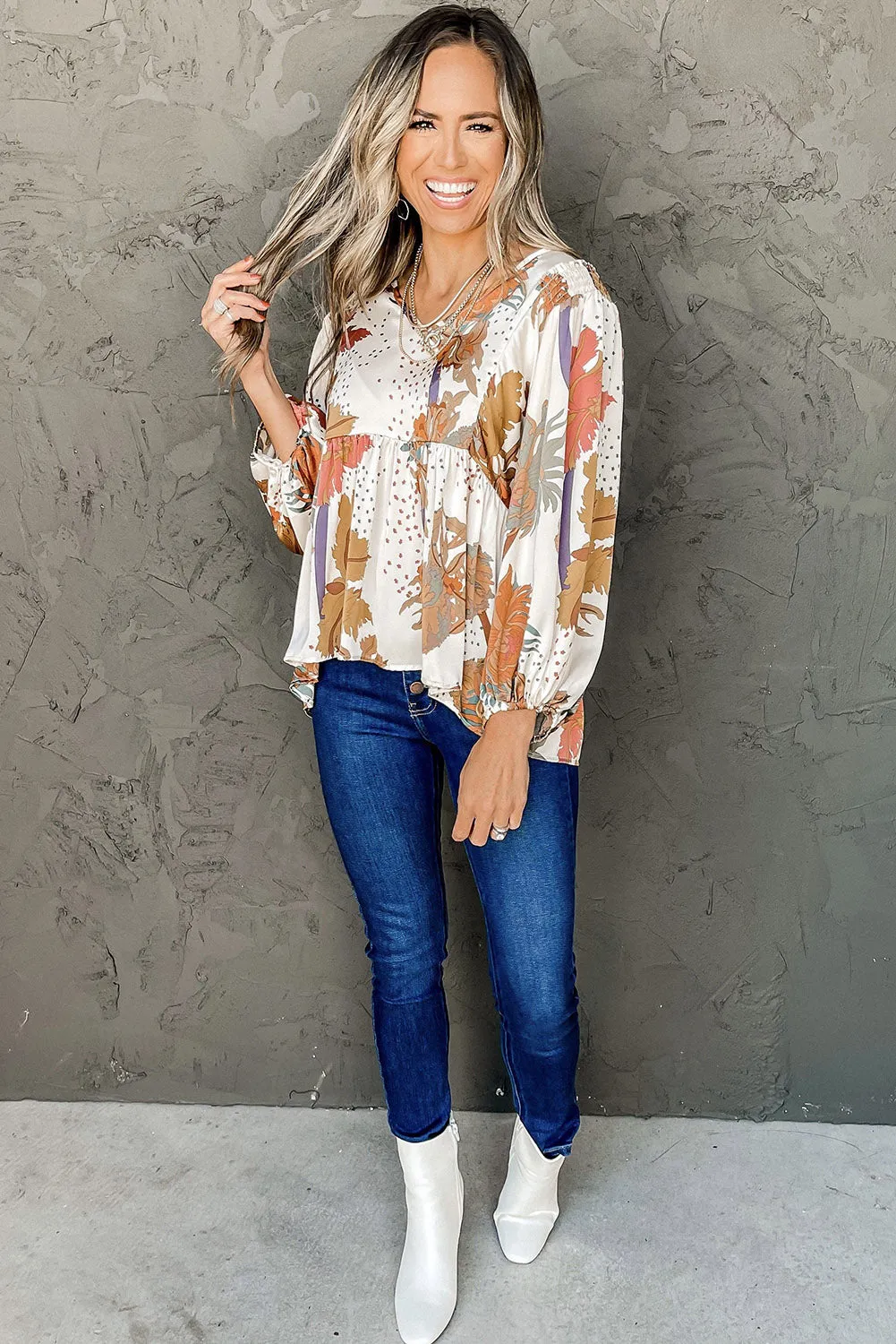 Multicolour Fall Floral Print V Neck Long Sleeve Babydoll Blouse