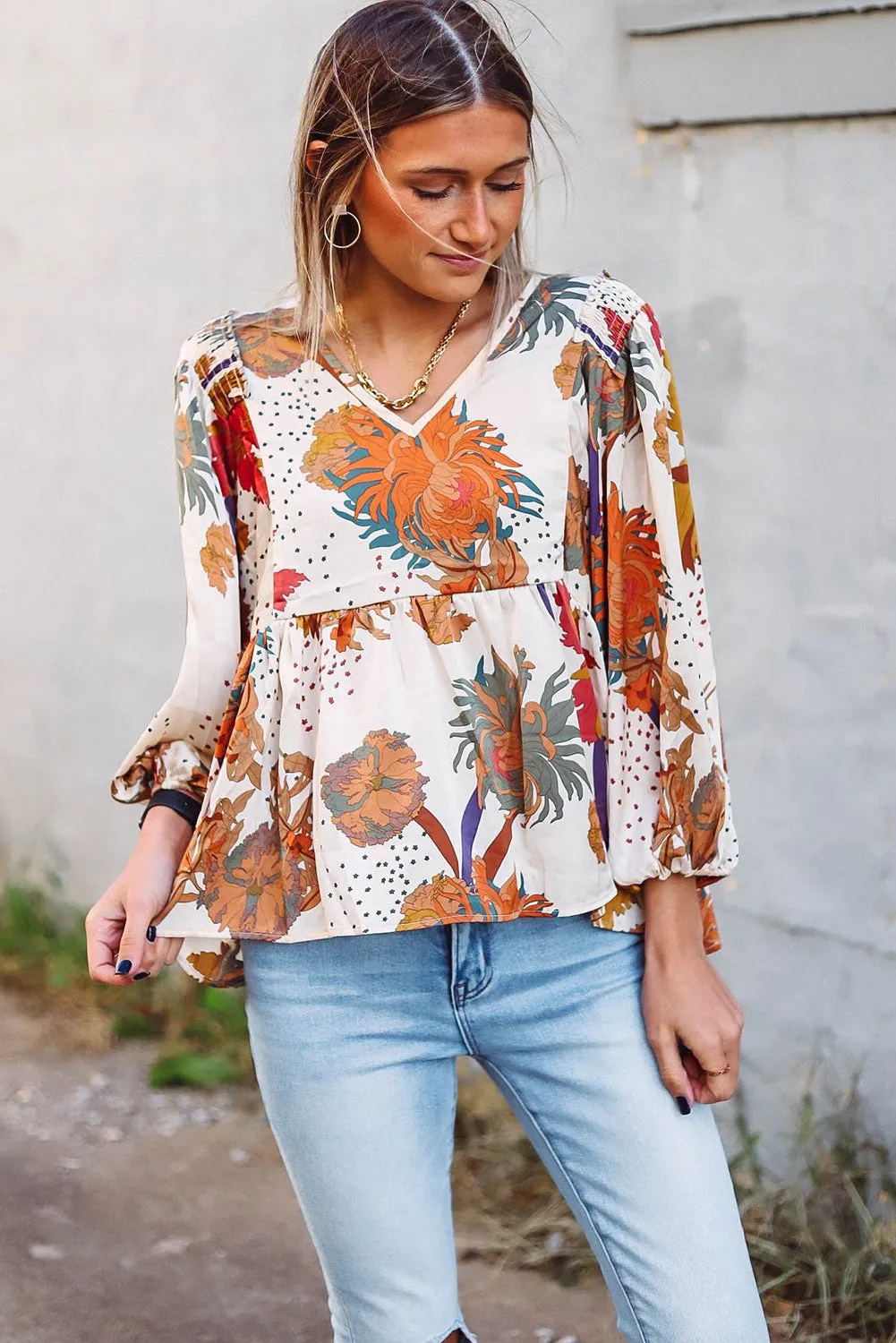 Multicolour Fall Floral Print V Neck Long Sleeve Babydoll Blouse