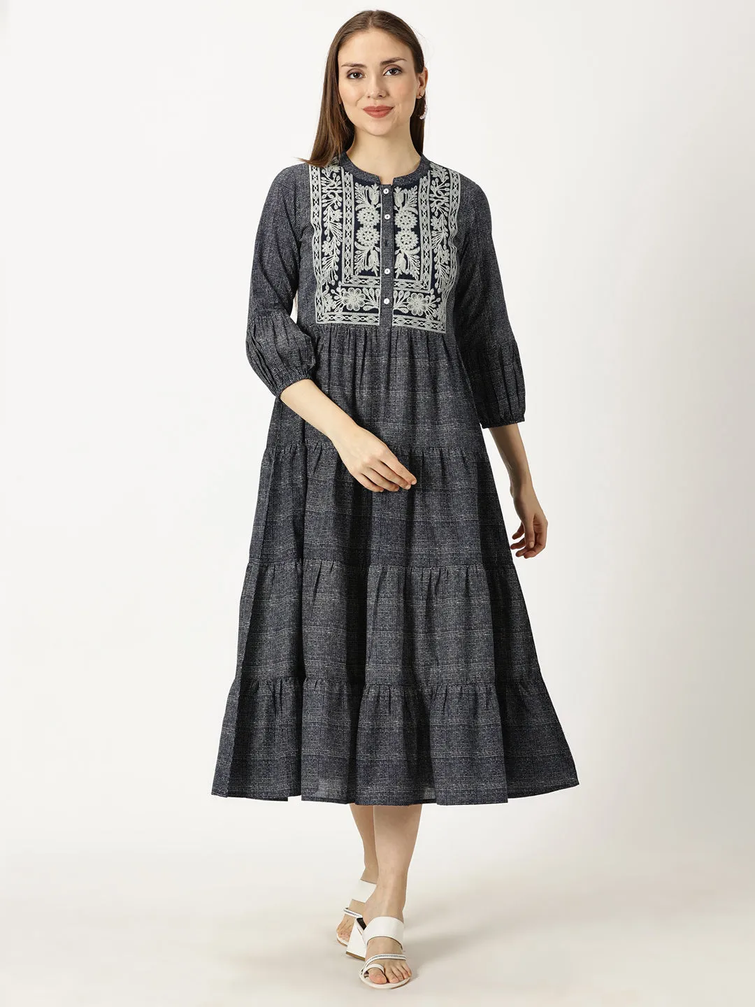 Navy Blue Cotton Tiered Midi Dress