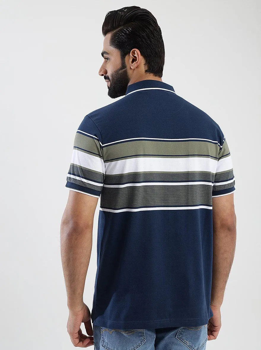 Navy Blue Striped Slim Fit Polo T-Shirt | Greenfibre