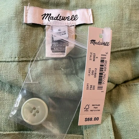 NWT Madewell 100% Linen Paperbag Shorts Tie-Front Women’s 6 Seedling Green
