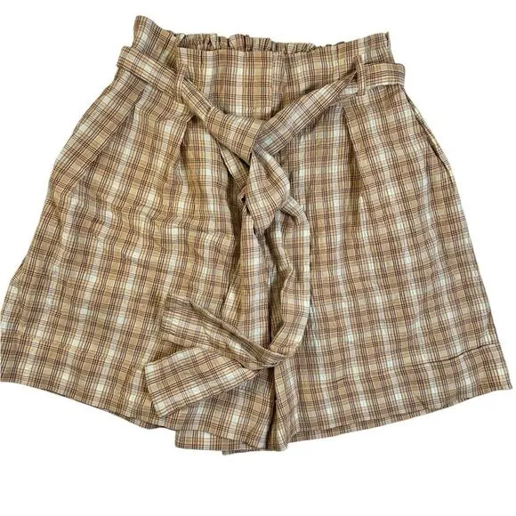 NWT Nocturne Women’s Brown/Cream Plaid High Waist Paperbag Style Shorts- Size XS