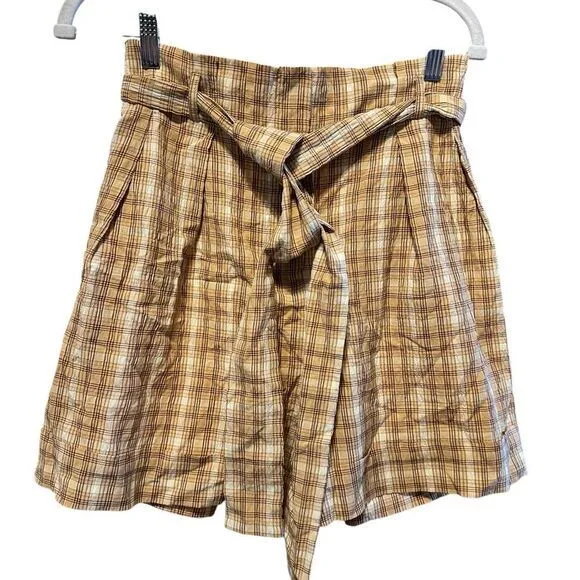 NWT Nocturne Women’s Brown/Cream Plaid High Waist Paperbag Style Shorts- Size XS
