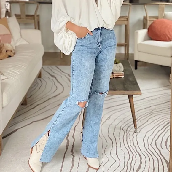 NWT Vici for Risen Los Angeles HIGH- RISE LONG INSEAM STRAIGHT JEANS split hem