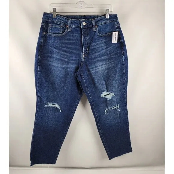 Old Navy Jeans Women 14 Blue High Rise Curvy OG Straight Button Fly Distress NWT