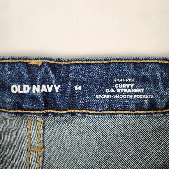 Old Navy Jeans Women 14 Blue High Rise Curvy OG Straight Button Fly Distress NWT