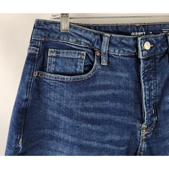 Old Navy Jeans Women 14 Blue High Rise Curvy OG Straight Button Fly Distress NWT