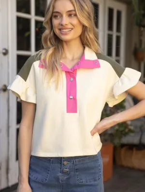 Olive & Pink Terry Color Block Top