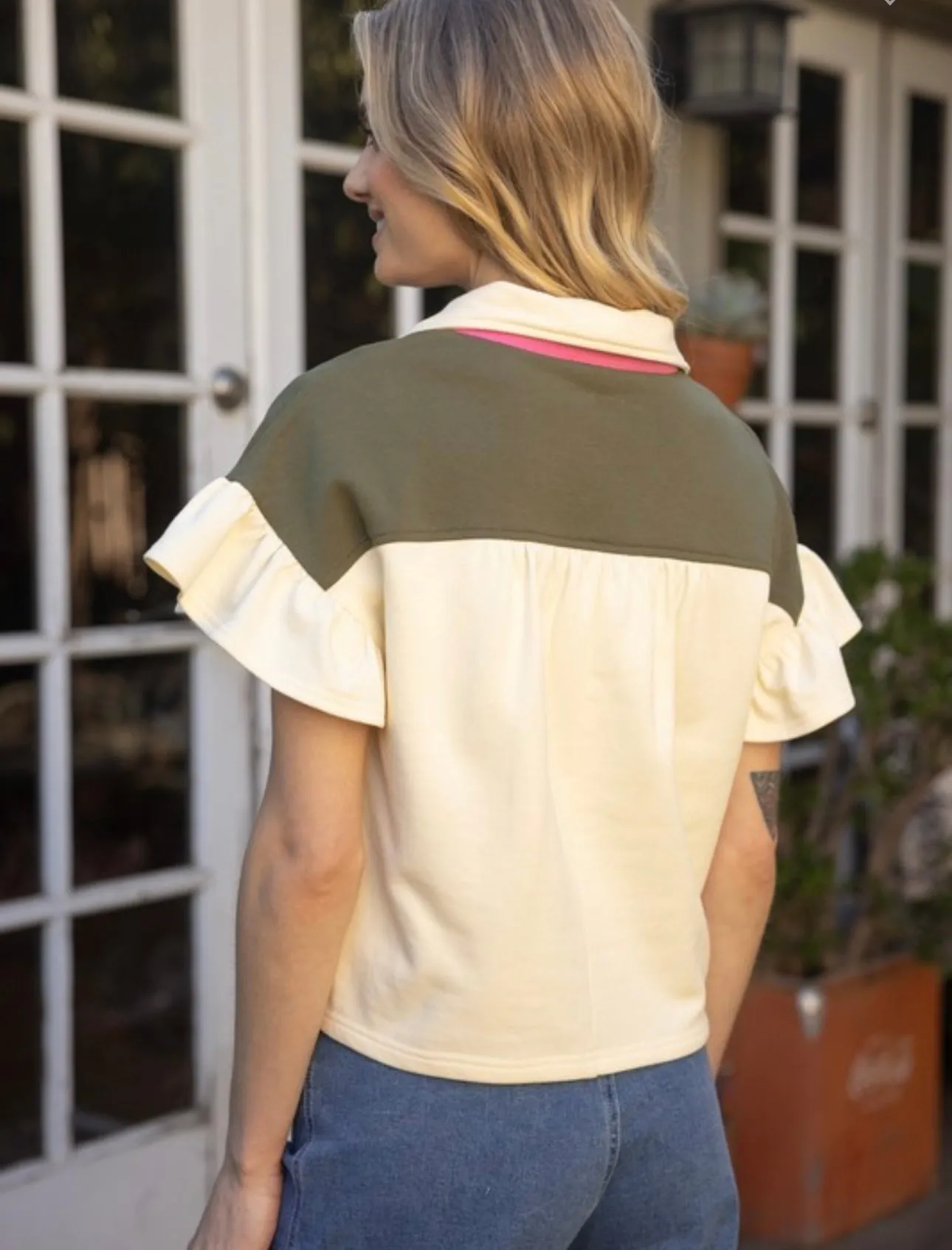 Olive & Pink Terry Color Block Top