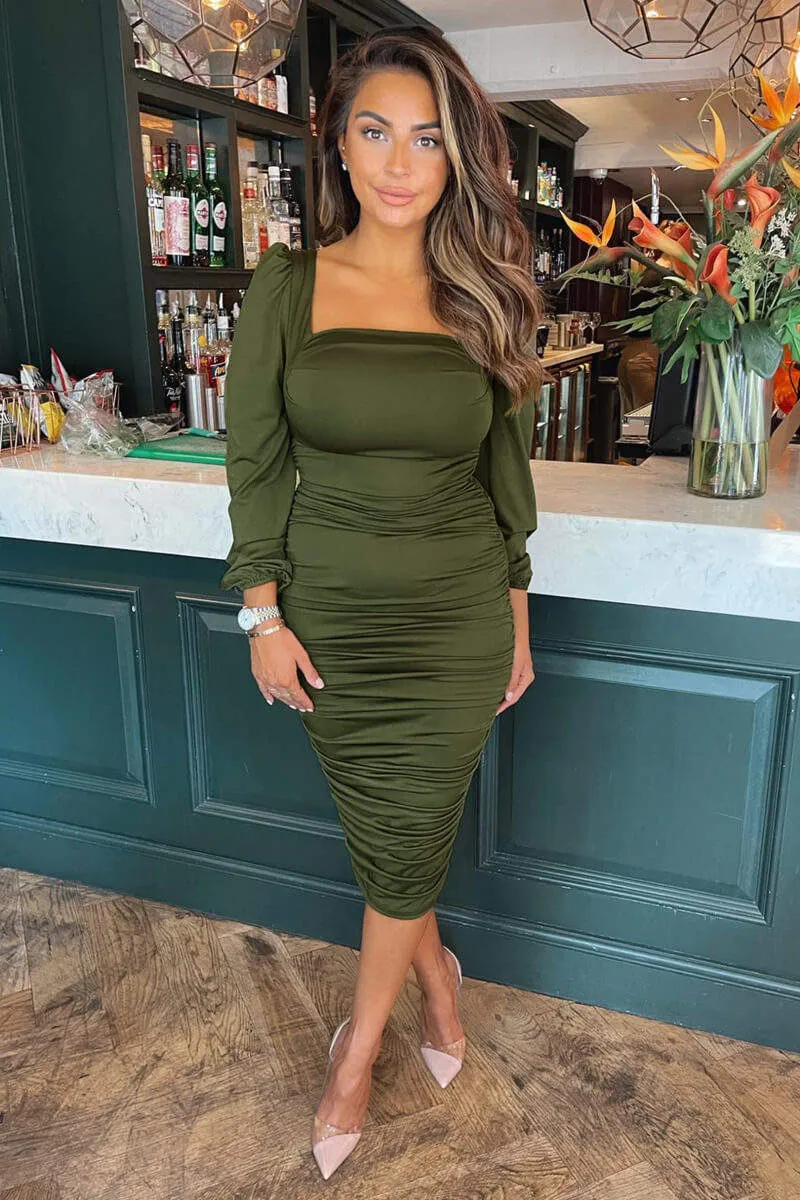 Olive Square Neck Ruched Midi Dress